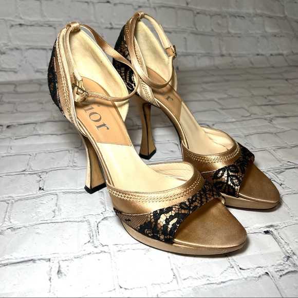 Dior Champagne Pink Satin Lace Sandal Heels Sz 37.5 - Picture 2 of 12